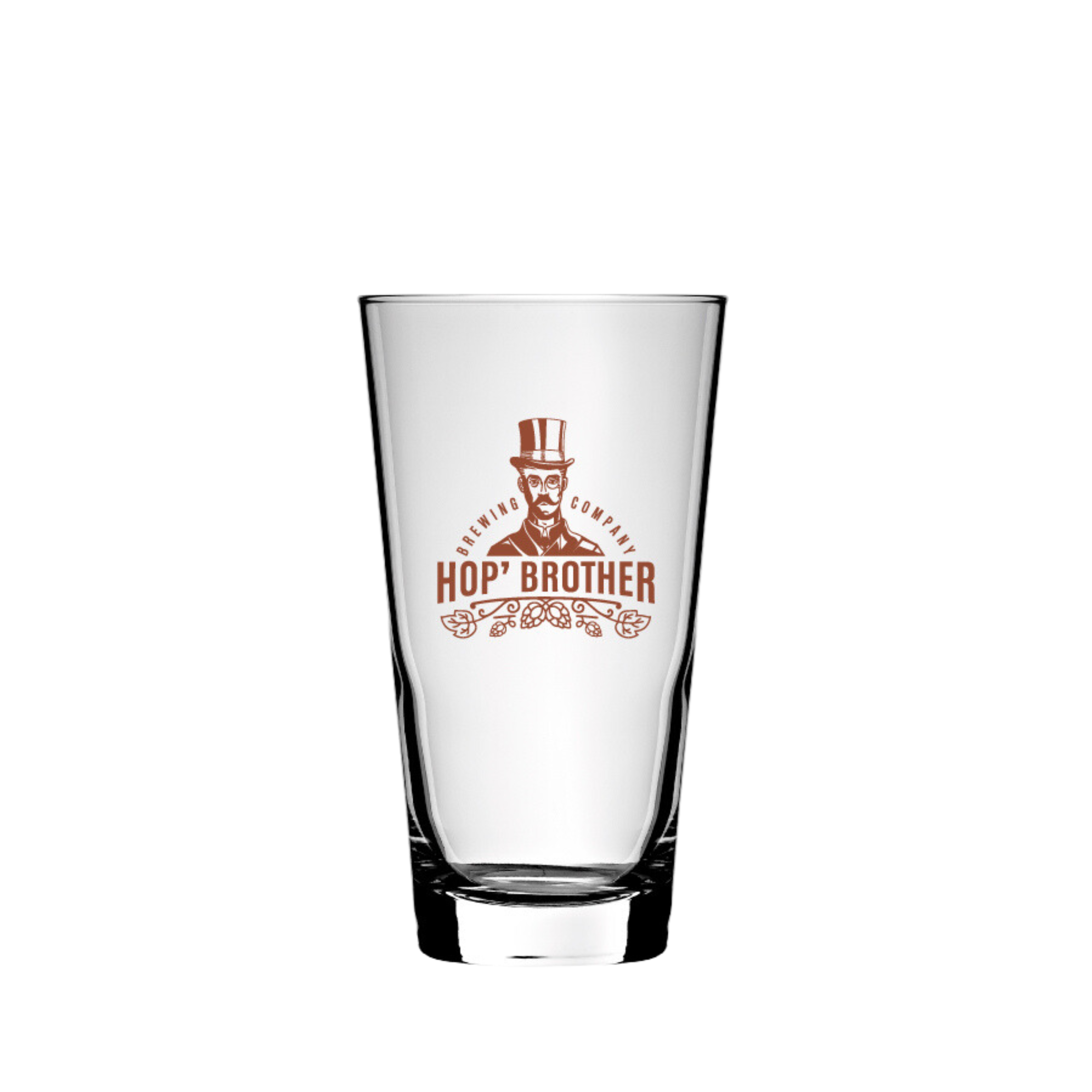 Personalised pint glass with brauwn graphic design of Hop brother.