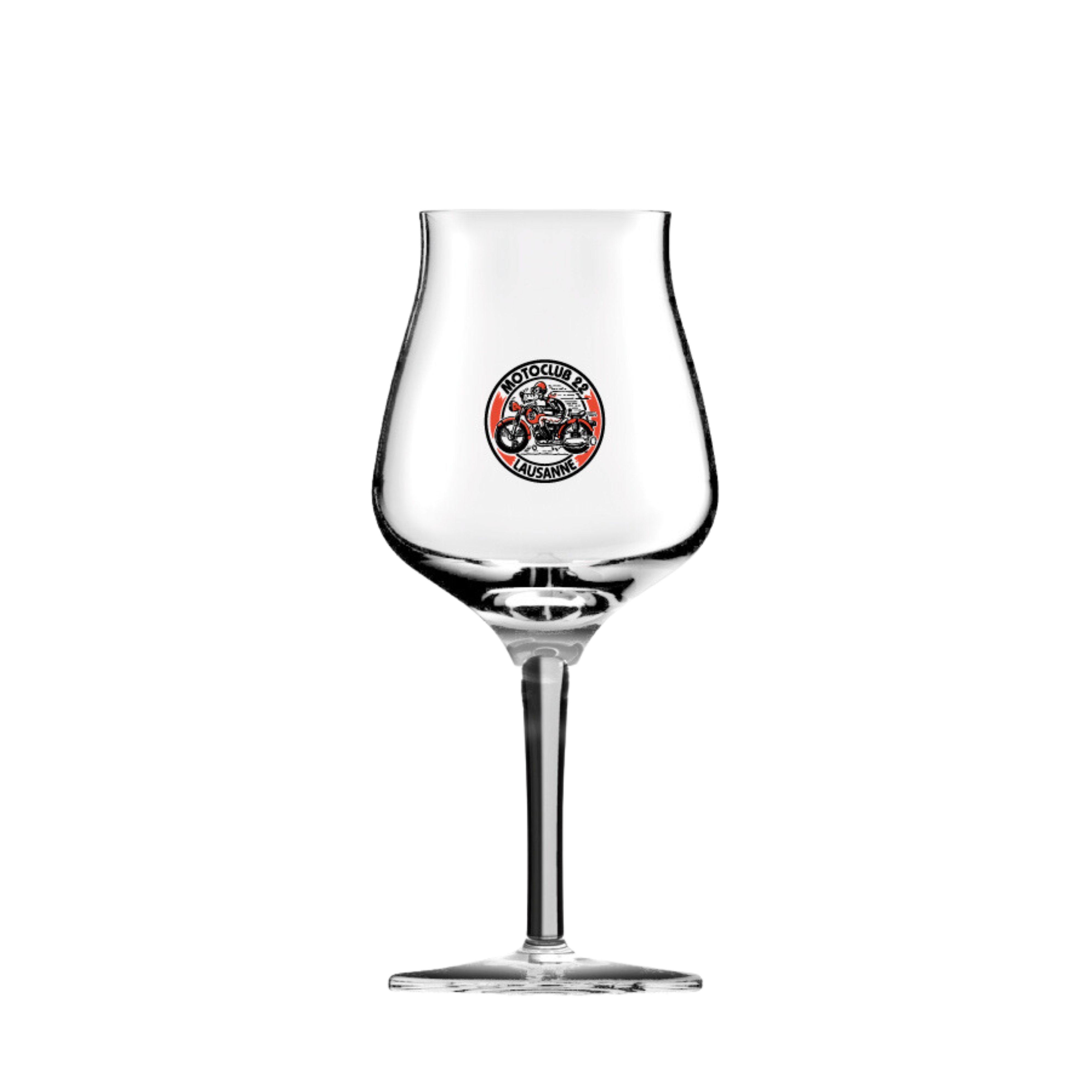 Personalised tulip glass with orange and black graphic design from motoclub.