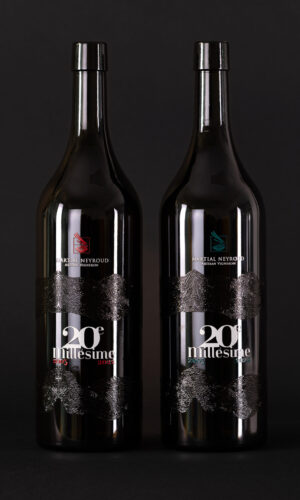 The personalised magnum bottle of Martial Neyroud on a black background.