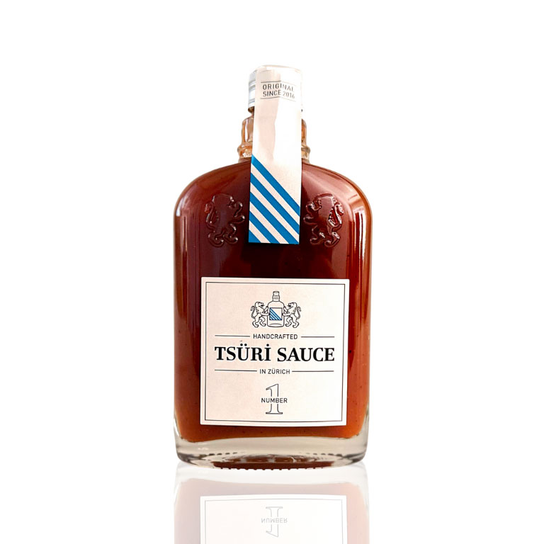 The white own bottle shape of Tsüri sauce with positif embossing