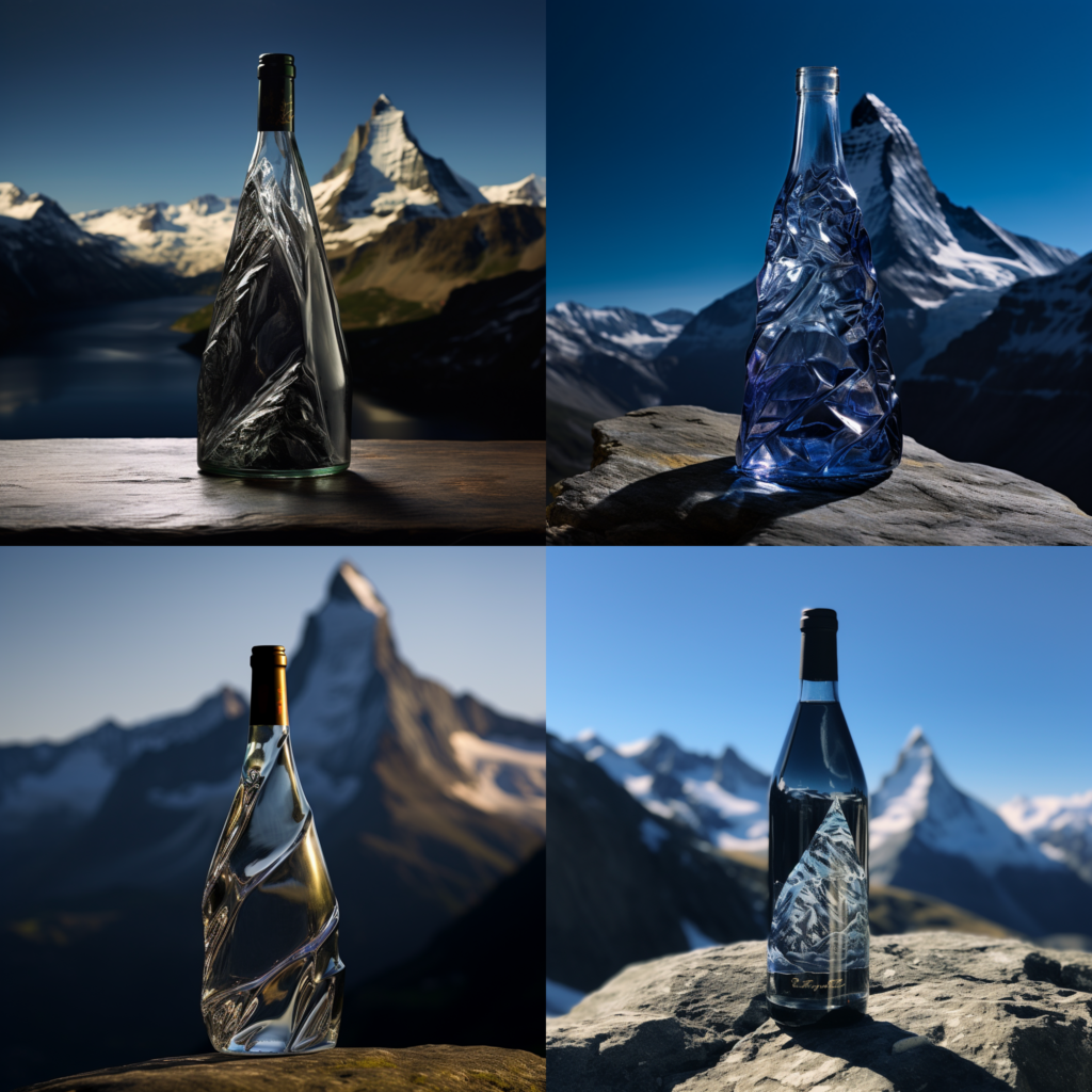 Die künstliche Intelligenz kreiert ein Flaschendesign in Form des Matterhorns am Fuße des Matterhorns.