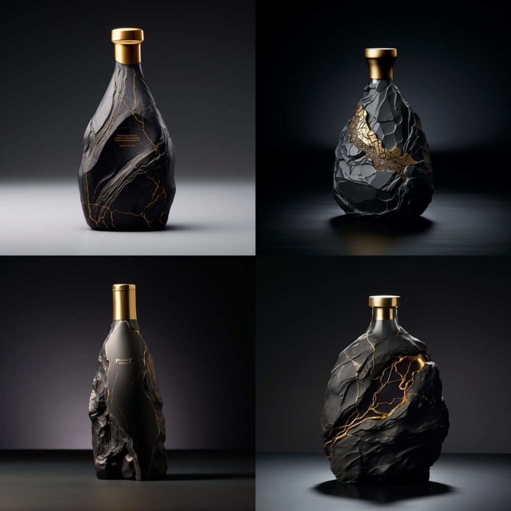 Die künstliche Intelligenz kreiert ein Flaschendesign mit dem Thema The Rock, einer satinierten Oberfläche in mattem Schwarz und einer Verzierung in Gold.