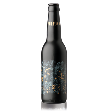 Freyja: Un vin pétillant à l’abricot, une bouteille long neck satinée noire et personnalisée