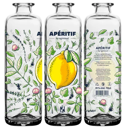Apéritif by nginious: White wine infused with Swiss blended gin in a colorful gin bottle screen printed.