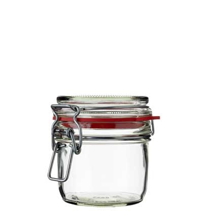 Honigglas 255 ml weiss mit Bügelverschluss silbrig und Dichtung rot