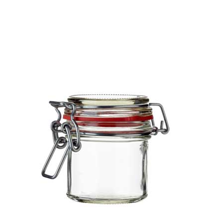 Pot à miel rond ferm. mécan. 125 ml blanc avec fil en argent et joint rouge