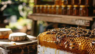 An apiary with jars of honey