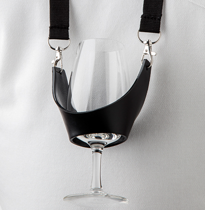 Porta-bicchiere a vino PVC nero con torre di collo nero, fissaggio mousqueton,