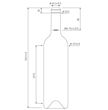 Bottiglia di vino Bordolese cetie 17.5mm 75 cl antico Europe H70mm Bottiglia di vino Bordolese cetie 17.5mm 75 cl antico Europe H70mm